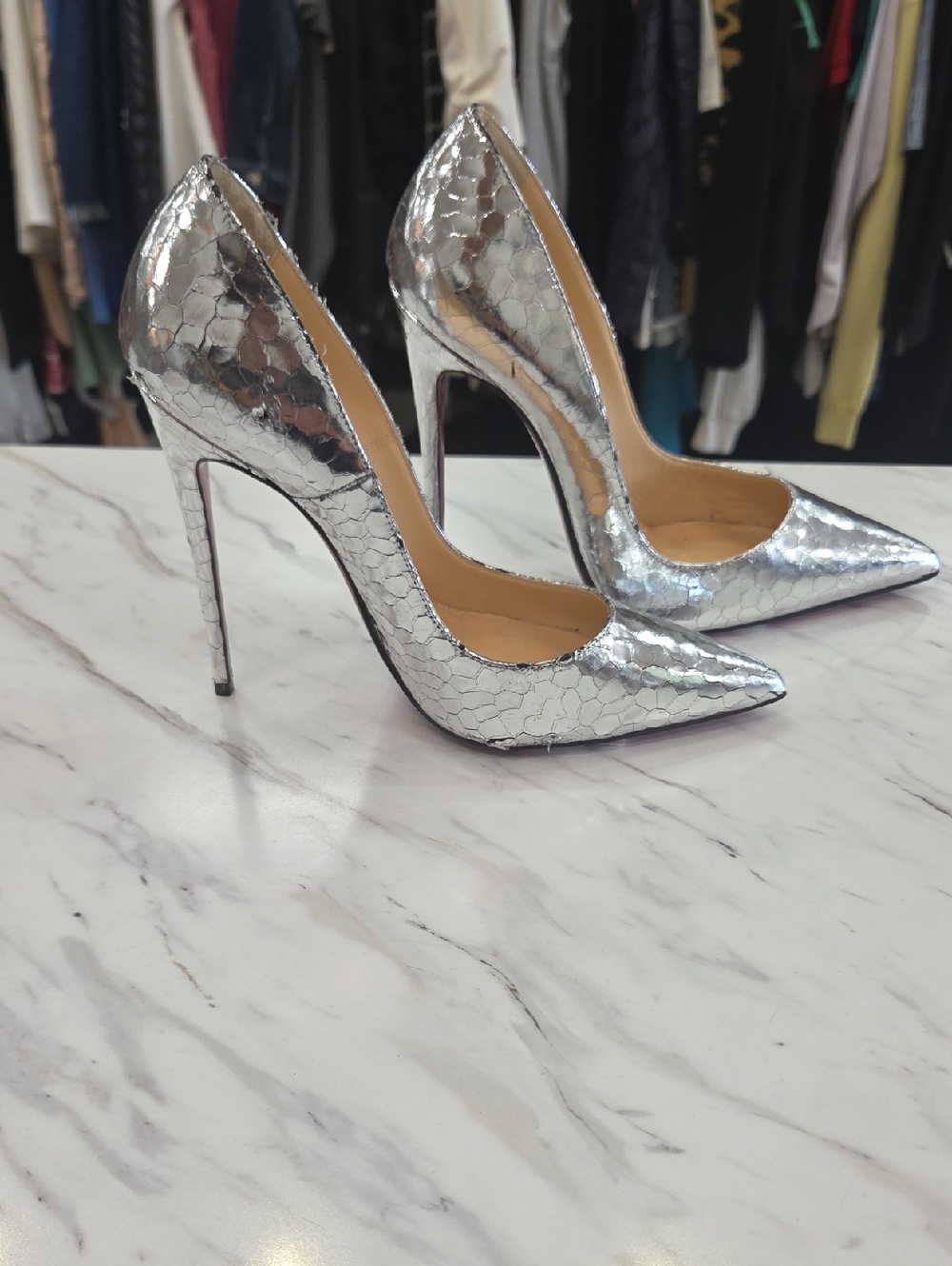 Christian Louboutin Silver Textured Pointed-Toe Stiletto Pumps